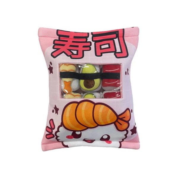 Coussin peluche kawaii avec 6 mini sushis