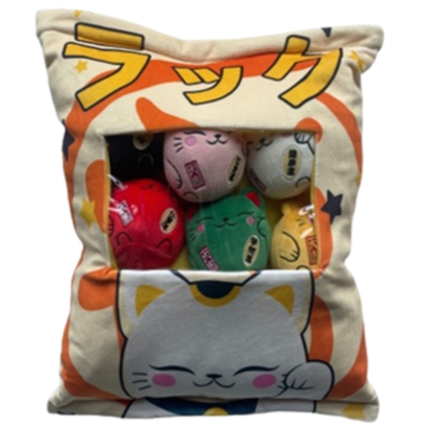 Coussin peluche avec 6 mini maneki-neko japonais