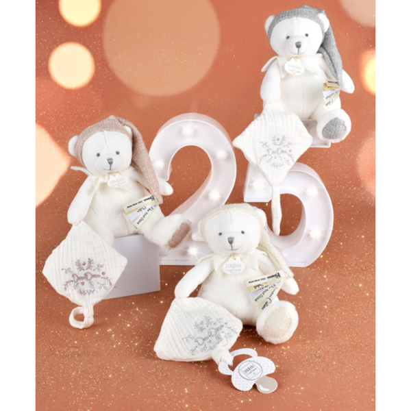 Doudou attache-sucette ours gris 20cm - Collection anniversaire