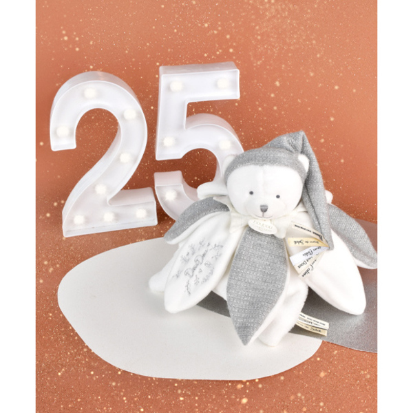 Doudou plat pétales ours gris 25cm - Collection anniversaire