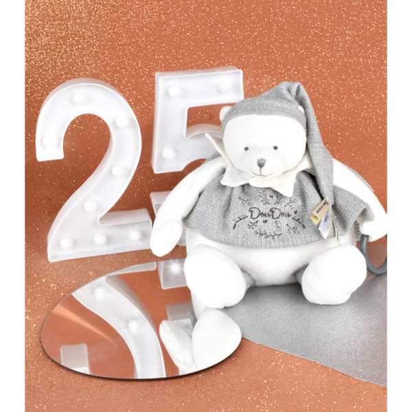 Peluche d activités bébé ours gris 30cm - Collection anniversaire