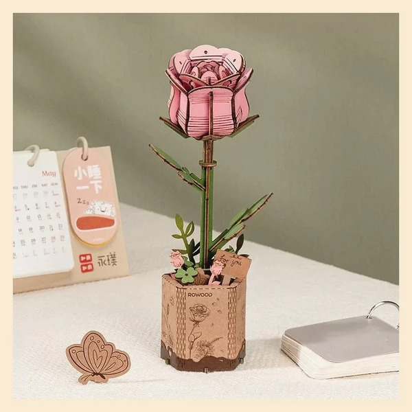 Fleur en bois DIY - Rose rose (104 pièces)