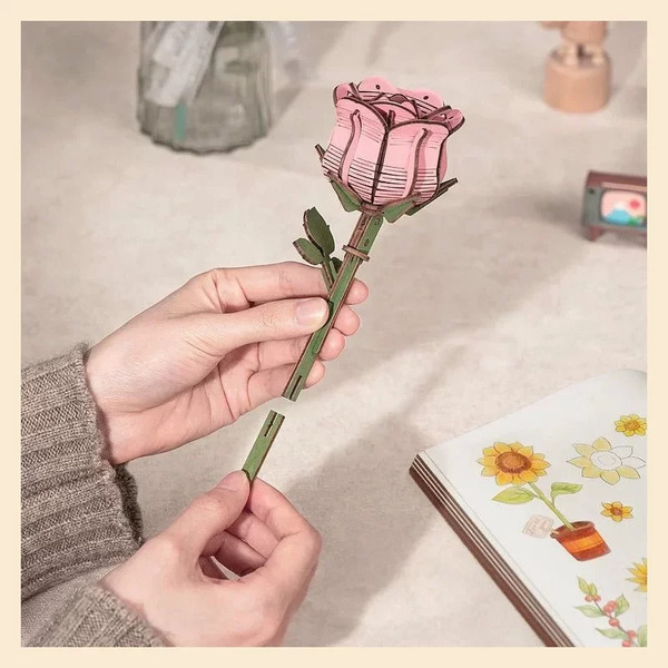 Fleur en bois DIY - Rose rose (104 pièces)