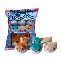 Coussin peluche kawaii avec 6 mini shibas
