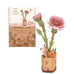 Puuzle fleur 3D en bois - Œillet rose (124 pièces)