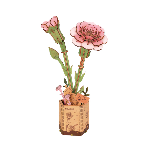 Puuzle fleur 3D en bois - Œillet rose (124 pièces)