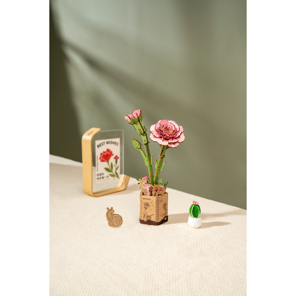 Puuzle fleur 3D en bois - Œillet rose (124 pièces)