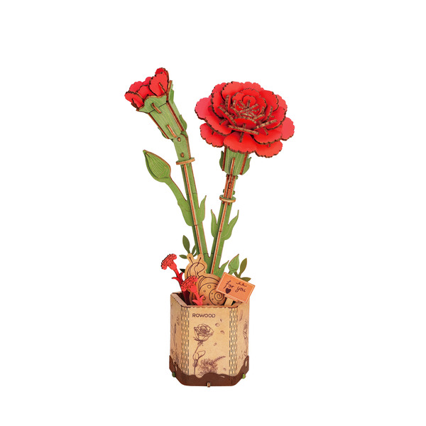 Puzzle fleur 3D en bois - Œillet rouge (124 pièces)